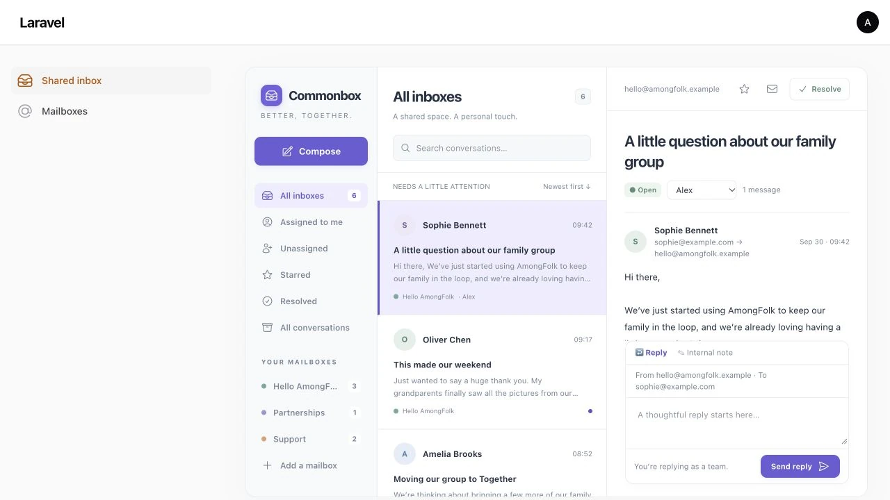 The Commonbox inbox in a Filament panel: a mailbox sidebar, a list of conversations and an open conversation with a reply box